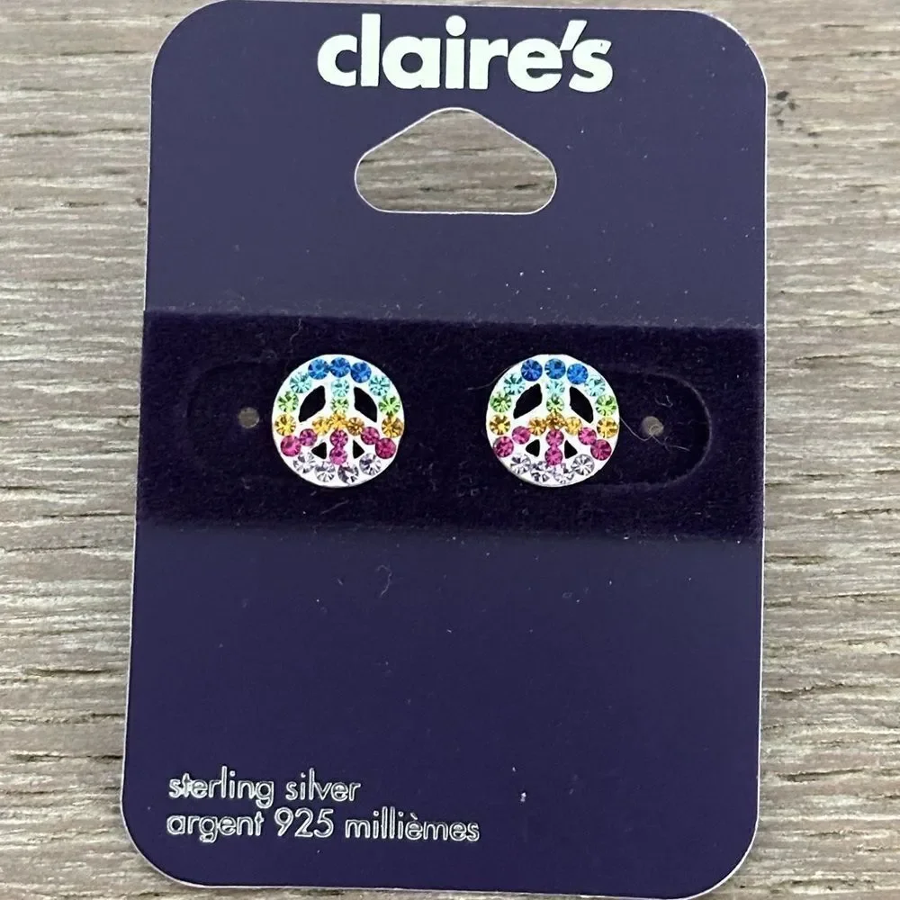 Sterling Silver Rainbow Crystal Peace Sign Claire’s Stud Earrings